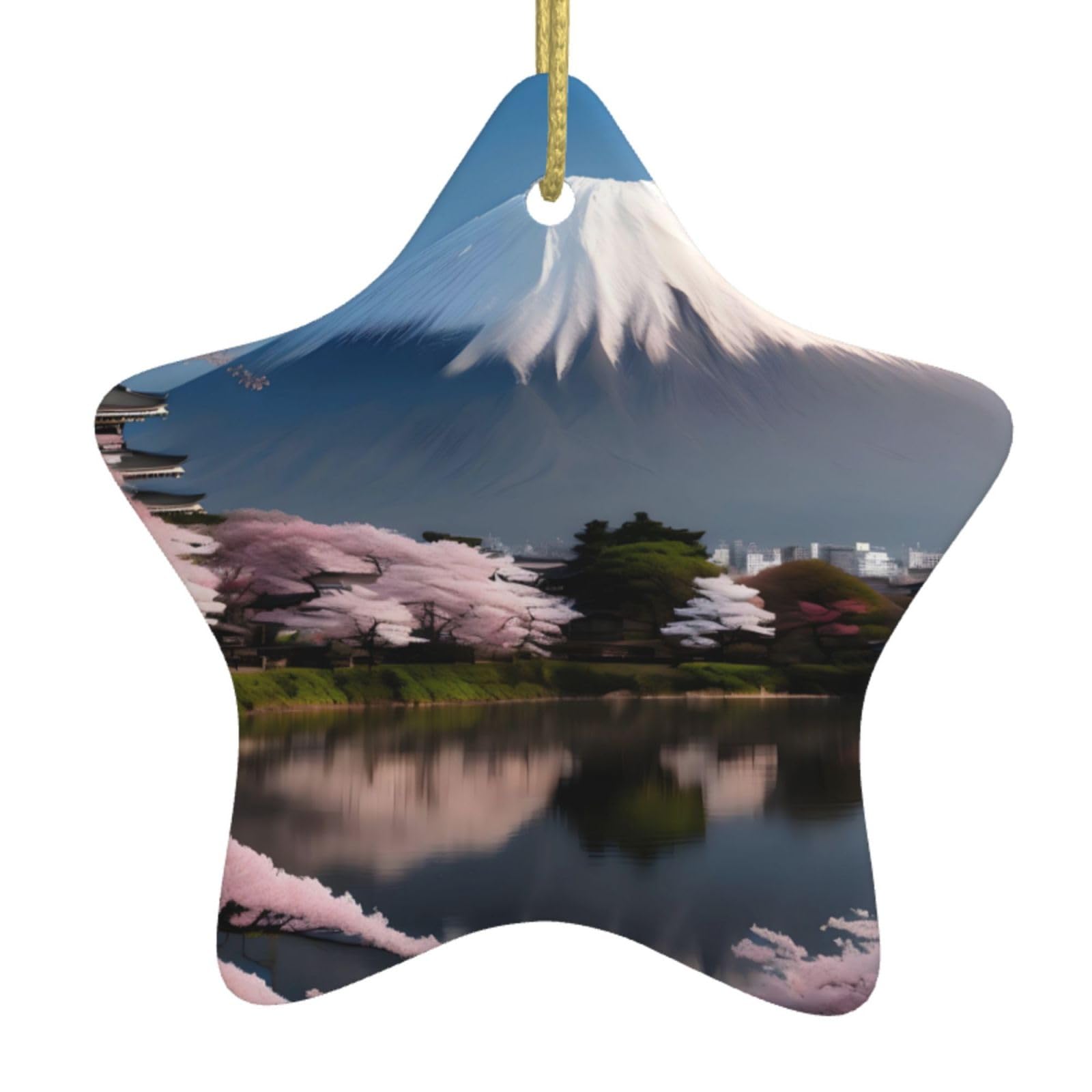 Mt. Fuji in Early Spring Christmas Ceramic Star Pendant with Punched Holes and Gold Wire Rope, Christmas Tree Home Decoration