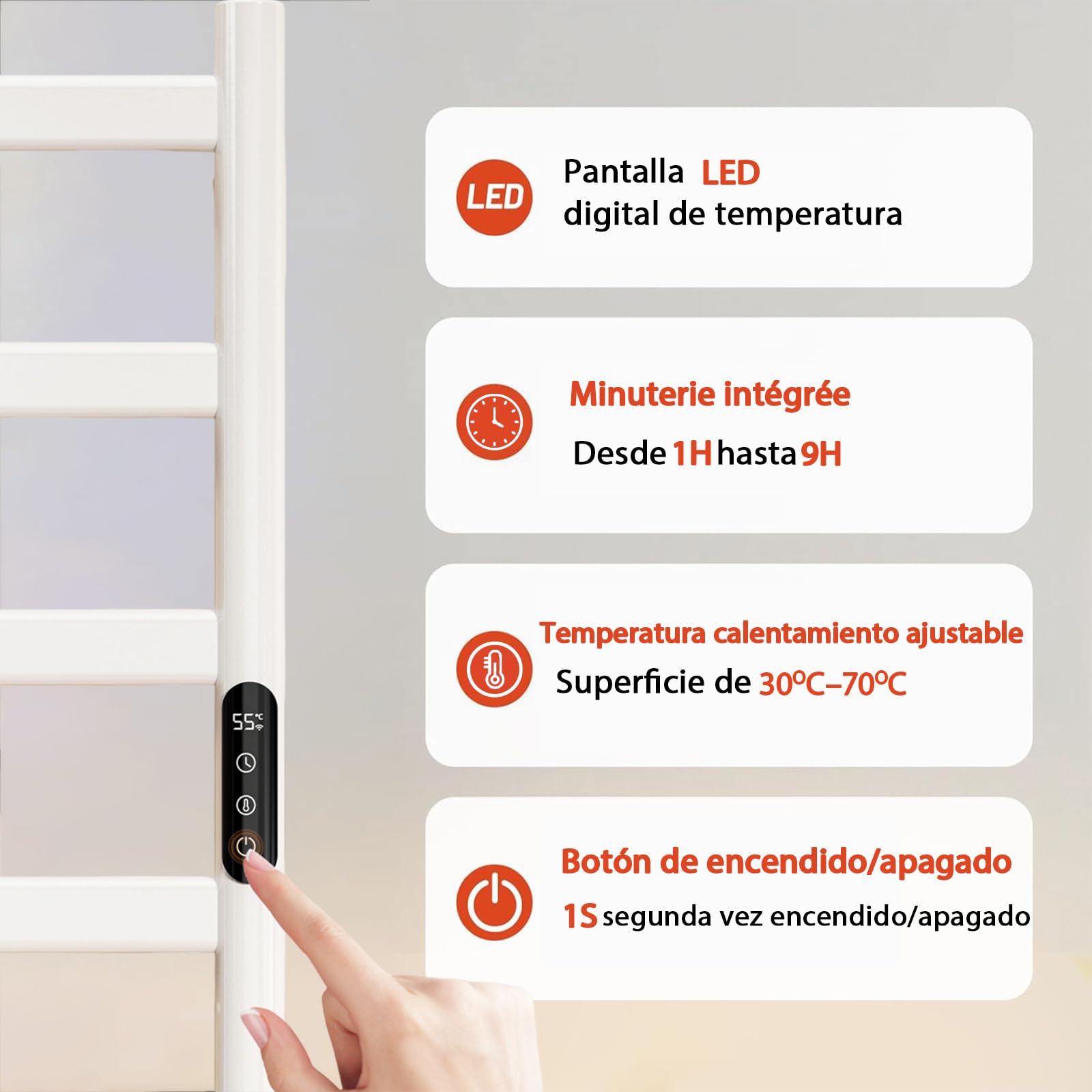 Radiador Toallero Eléctrico Baño, 285 W Radiador Calienta Toallas de Toallero, Toallero Calentado Temperatura Ajustable 30–70 °C, Temporizador 1-9 H y Pantalla táctil LED, IPX4, 50x100cm, Blanco