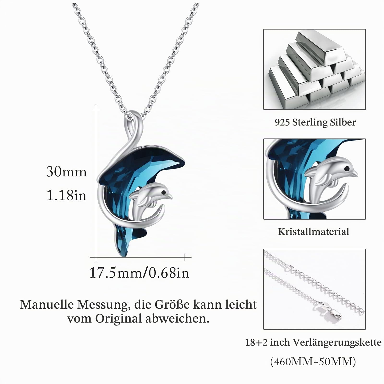 OHAYOO Delphin Kette 925 Sterling Silber Delphin Anhänger Halskette mit Blau Kristall Tier Kette Delphin Schmuck Weihnachten Geschenke für Damen Frauen