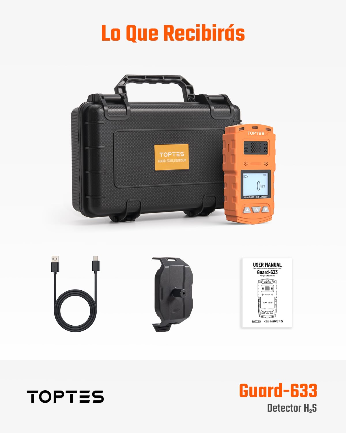 TOPTES Guard-633 Detector de H2S, Monitor de H2S con Sensor de Gas Preciso, Respuesta Rápida de 0.5S, 7 Días de Duración de Batería, Rango de Alarma Ajustable, Seguridad a Prueba de Explosiones