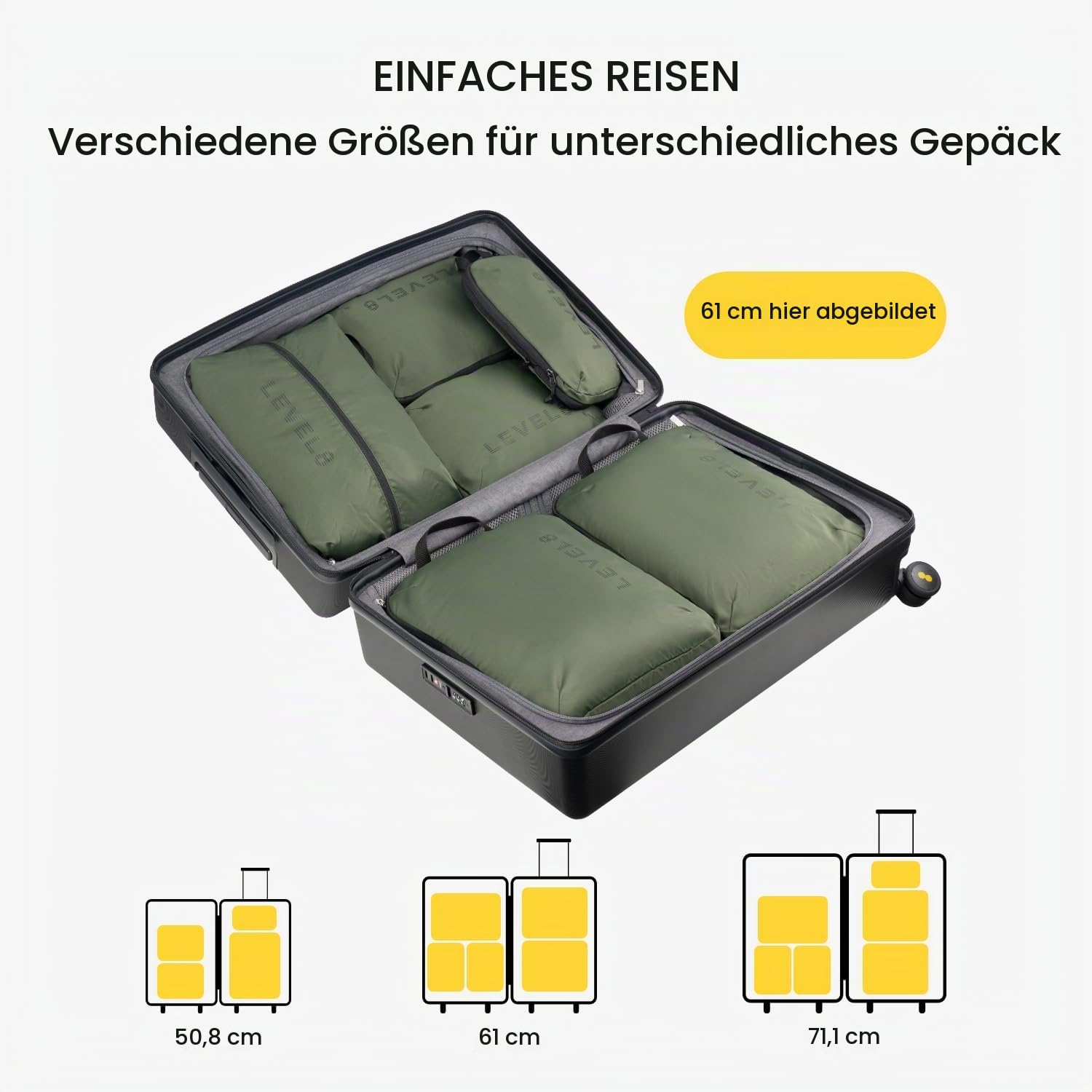 LEVEL8 Packing Cubes Set 6-teilig Erweiterbar,Koffer Organizer Kleidertaschen mit Reißverschluss,Packwürfel mit Kompression,Grün