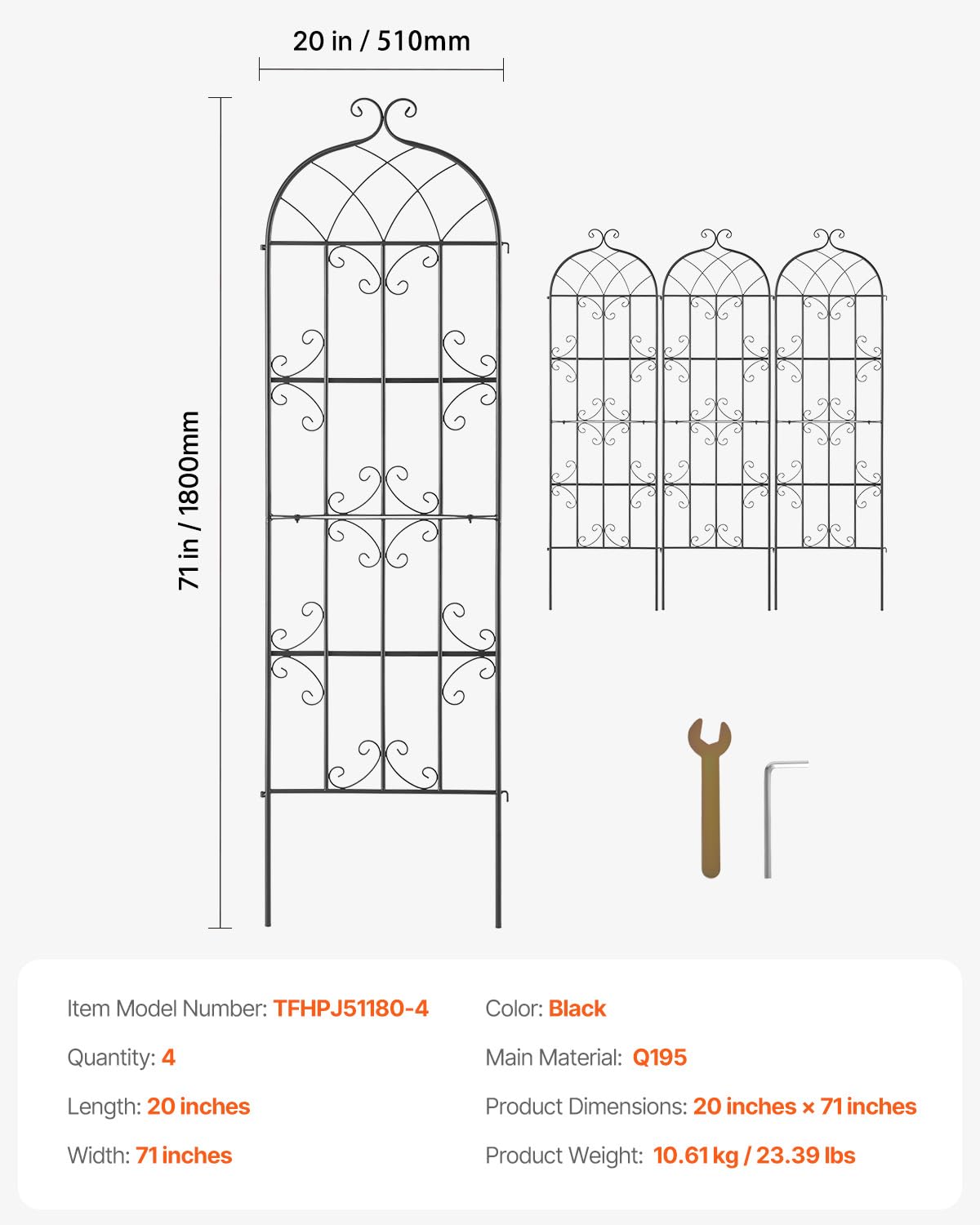 VEVOR Traliccio da Giardino Rampicanti per Piante Fiori in Metallo Antiruggine, Supporto per Traliccio per Rose Rampicanti Esterno, Traliccio Decorativo per Clematide Alta Cortili 51 x 180 cm 4 Pezzi