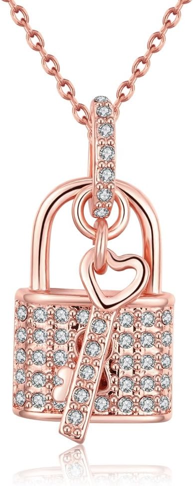 HaniQueen Key & Lock Pendant Necklace with Paved Crystal Dangle Charm Chain Ideal Gift for Women Girls Rose Gold Plated