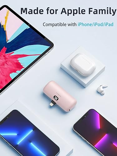Miniatura 5 de Taegila Cargador portátil pequeño rosa y morado para iPhone 5000 mAh con cable integrado, banco de energía compacto certificado MFi con pantalla LCD