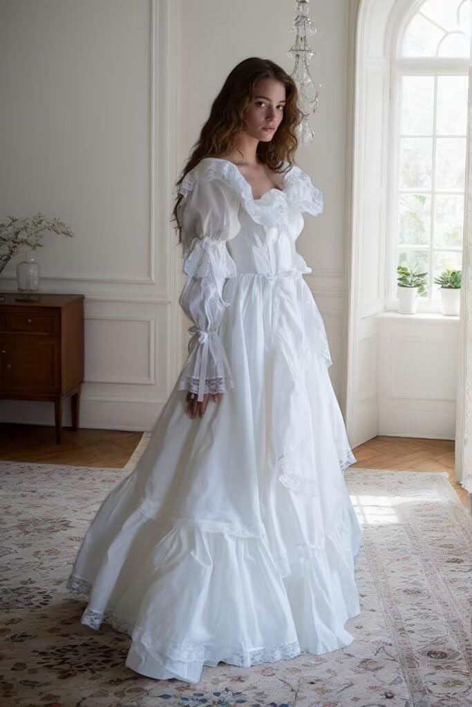 Puffy Off The Shoulder Formal Ball Gowns for Women Vintage Prom Dresses with Long Sleeve Wedding Gown