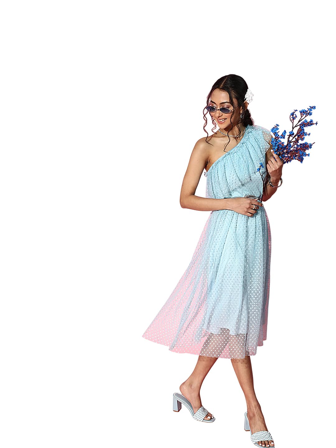 Athena Lifestyle Women and Girls Polyester Regular Fit and Flare One Shoulder Solid Print Midi Length Sleeveless Ice Blue Party Dress Athena Lifestyle Women and Girls Polyester Regular Fit and Flare One Shoulder Solid Print Midi Length Sleeveless Ice Blue Party Dress