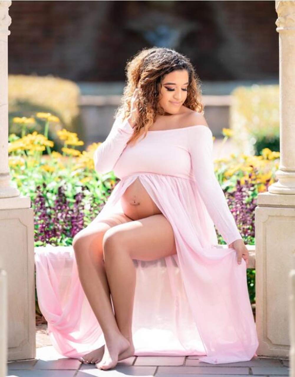 ZIUMUDY Umstands-Maxi-Chiffon-Foto-Kleid mit geteilter Vorderseite für Fotoshootings