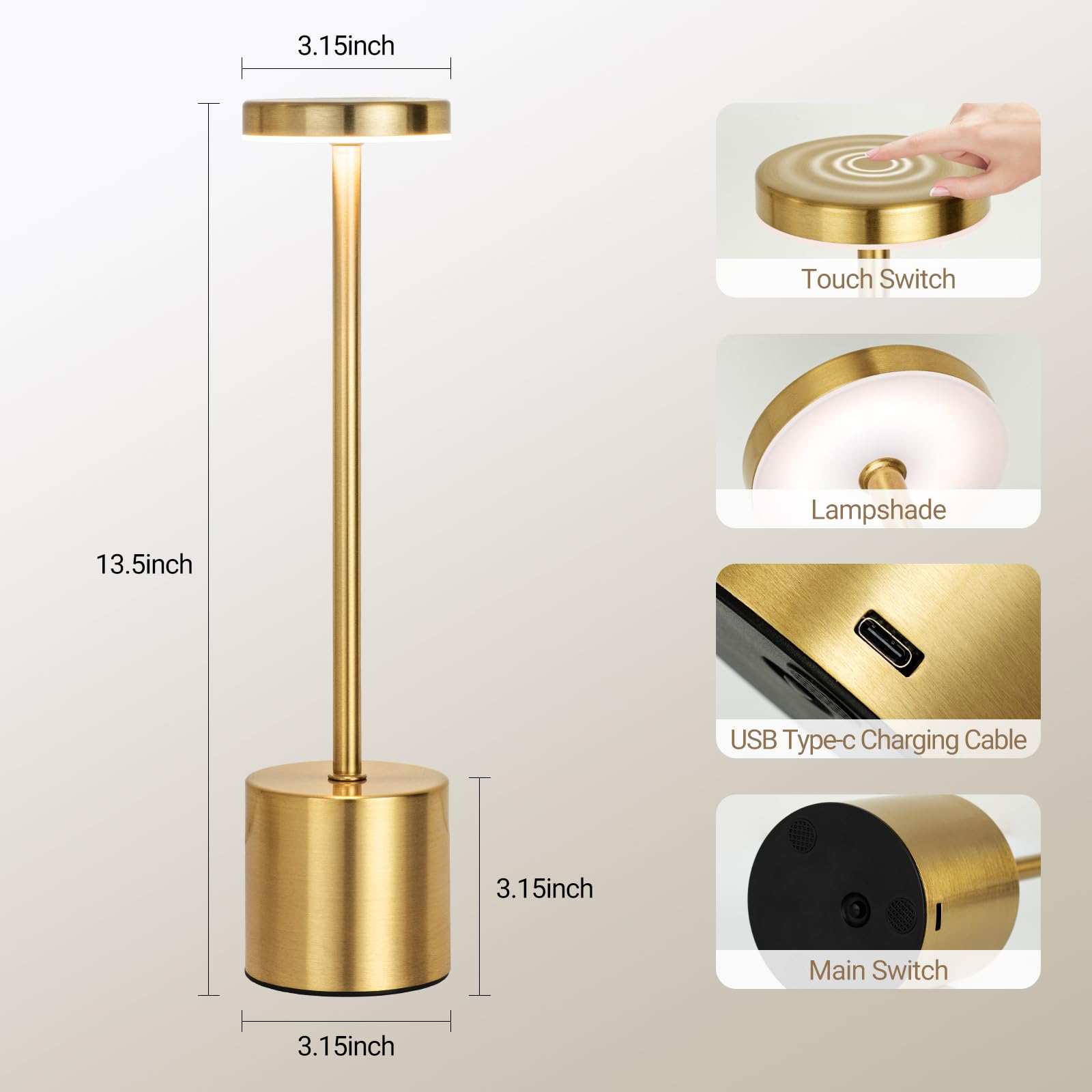 Złota bezprzewodowa lampa stołowa zestaw 2 sztuk, ładowalna 5200 mAh, zasilana bateriami, dotykowa lampa biurkowa, 3 kolory, bezstopniowe ściemnianie, przenośne oświetlenie LED na biurko do