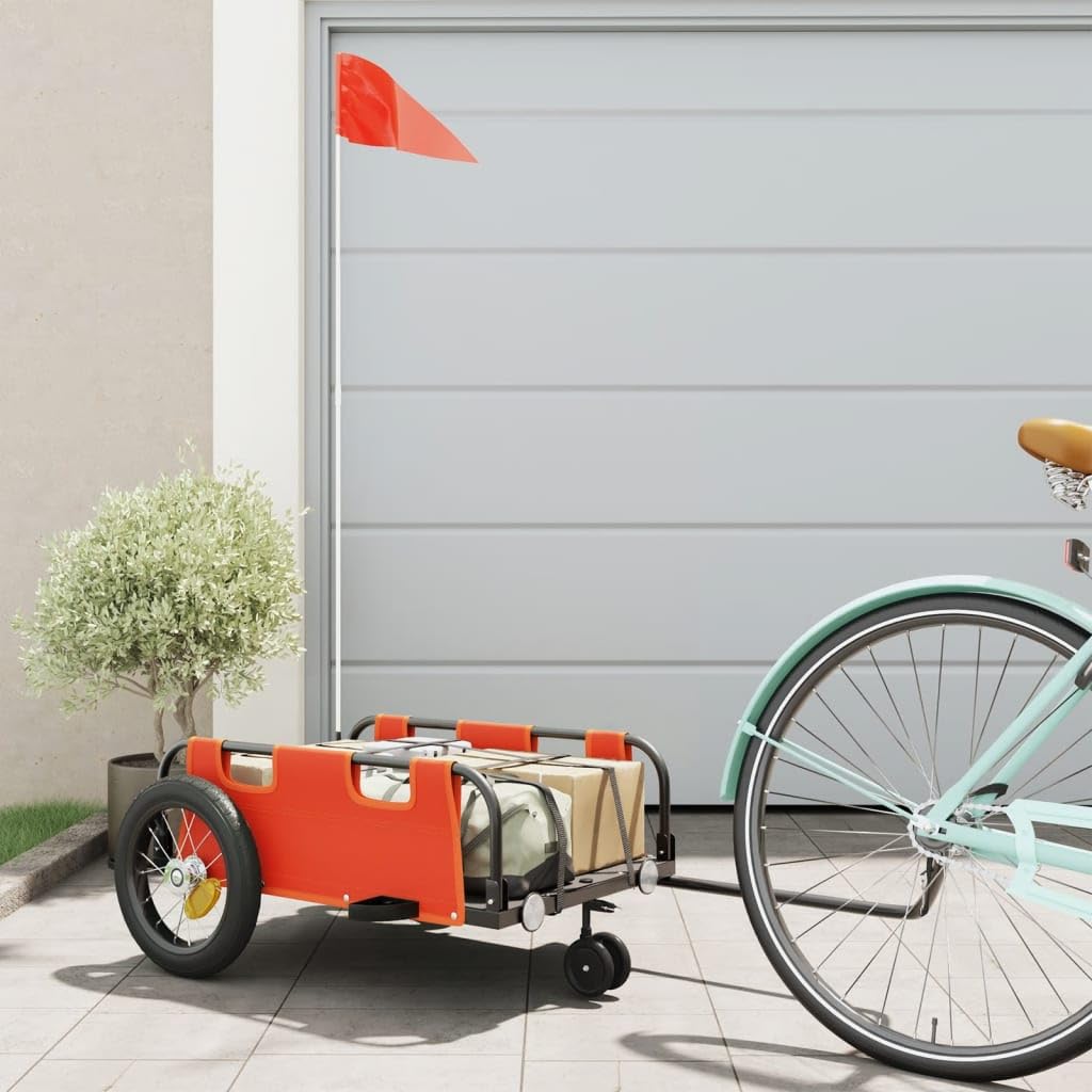 Przyczepa rowerowa z pomarańczowej tkaniny Oxford i malowanego proszkowo żelaza, 123 x 52,5 x 33 cm, nośność 30 kg, z odblaskiem, składana, do noszenia na co dzień, w podróży, na zakupy i do