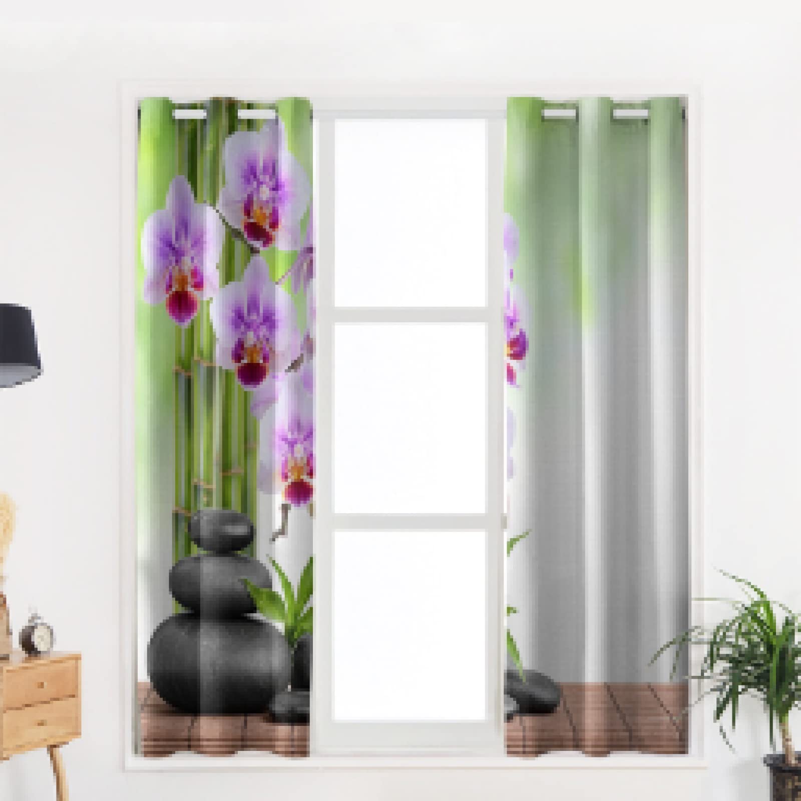 Moderne Fenstervorhänge mit Bambus-Orchideen-Zen-Motiv für Wohnzimmer, Schlafzimmer, Küche, Fenstervorhänge, Heim- und Hoteldekoration, 70 x 180 cm (B x H) x 2