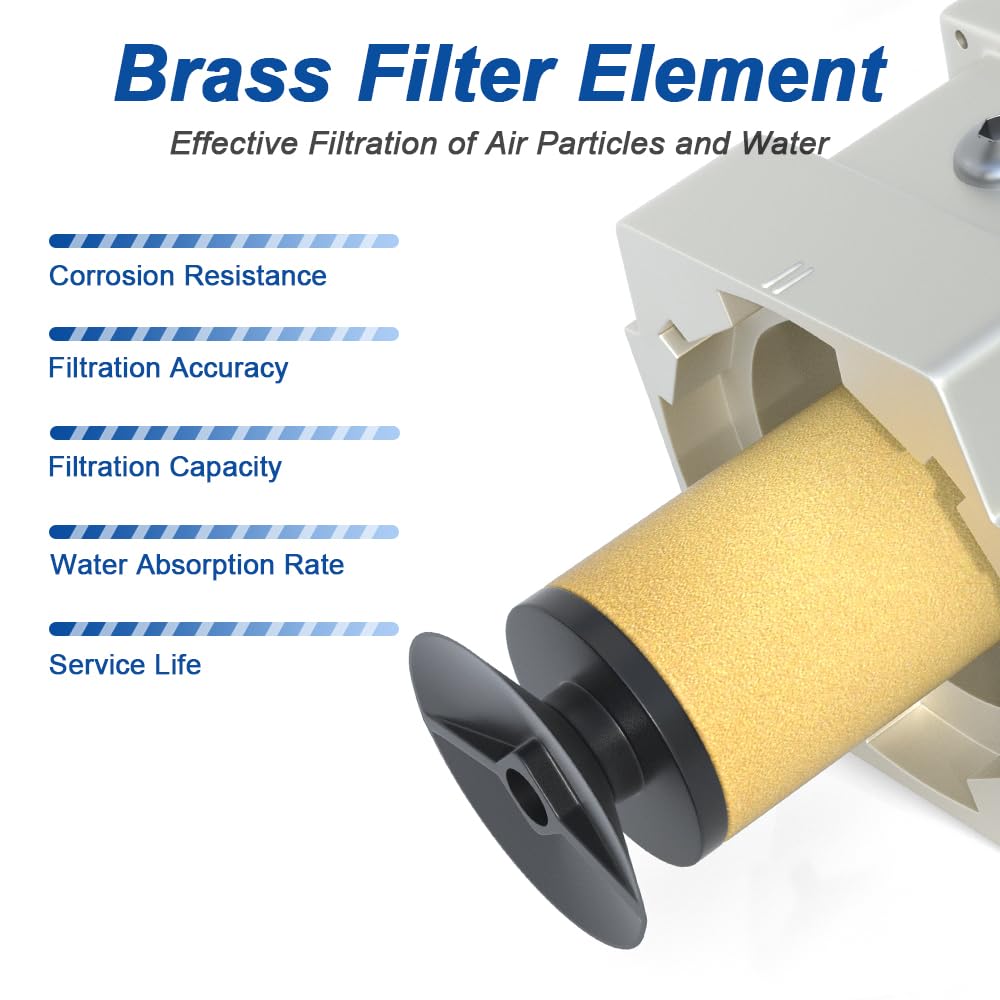 AIRZOE 3/8" NPT Air Dryer for Compressor-Air Compressor Water Separator AC3110-03,Double Air Compressor Filter,Air Pressure Regulator Combo,5 Micron Brass Element,Semi-Auto Drain,0-145 psi Gauge — Amazon image 4