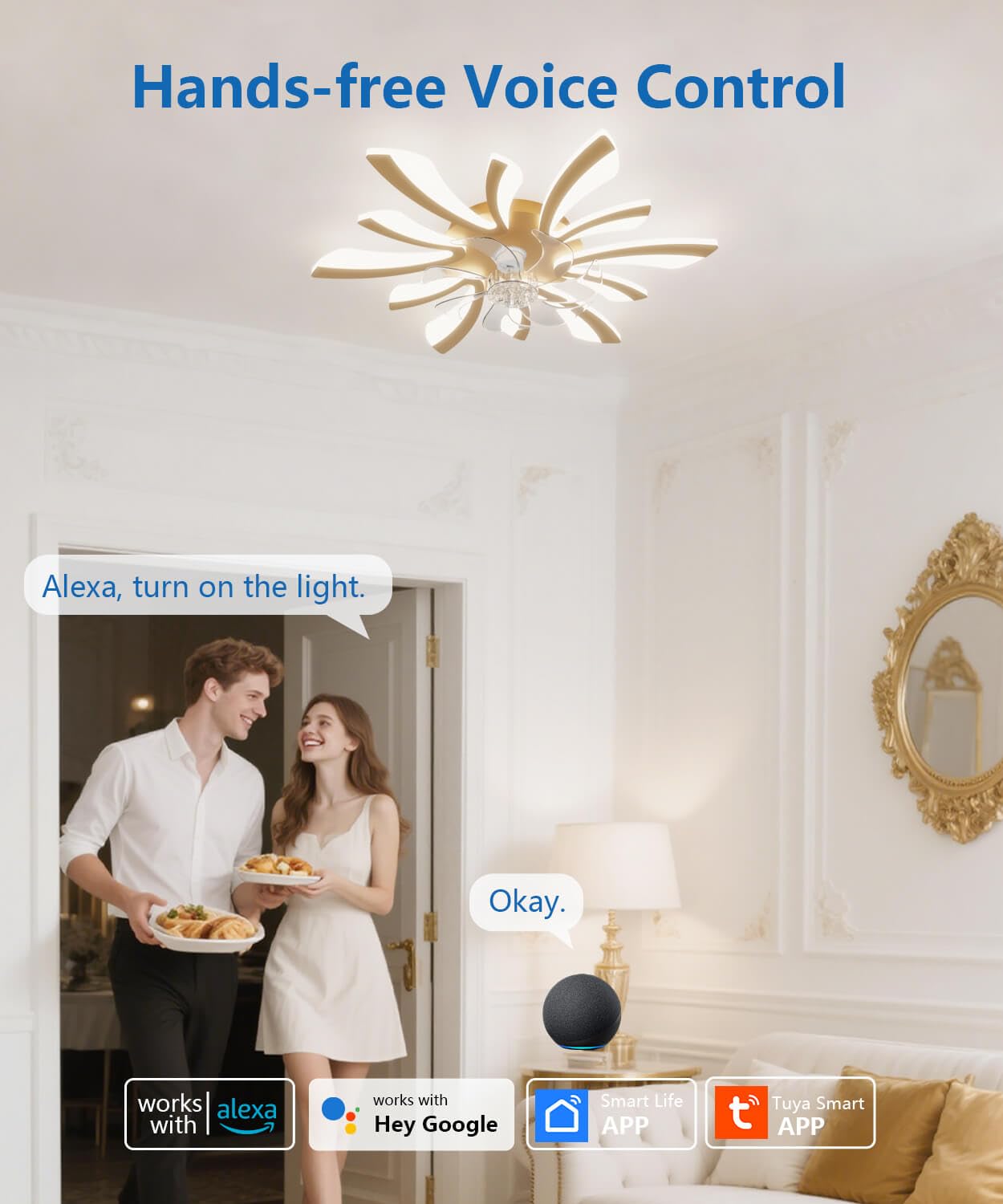 LJX Lampa sufitowa z wentylatorem, kompatybilna z Alexa i Google Assistant Dc, 78 cm, lampa sufitowa z wentylatorem, cicha praca zimowa/letnia, ściemniana, do sypialni, kuchni, złota