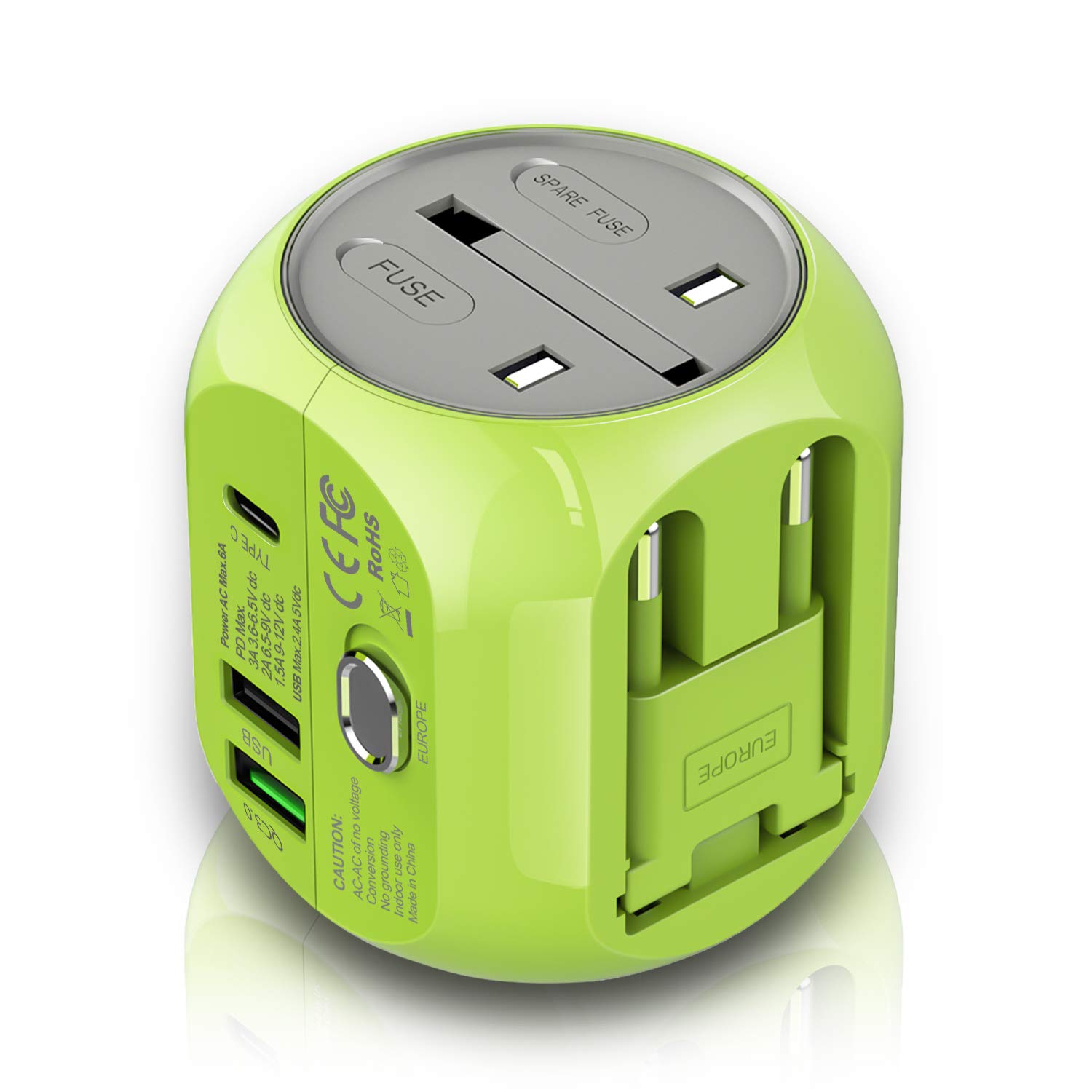 Milool Adattatore Universale da Viaggio con QC3.0 Quick Charge 2 Porte USB 3.0 e 1 Interfaccia Type-C US/EU/UK/AU in One Caricatore Multifunzioni per Oltre 180 Paesi, 2 Fuse (Spare Fuse) (Verde)