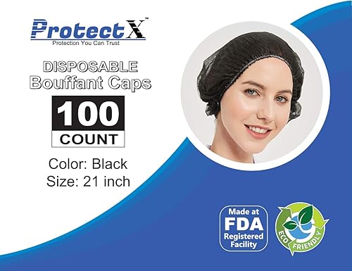 Miniatura 4 de ProtectX Tapones desechables Bouffant red para el cabello redes para la cabeza del cabello 21 pulgadas negro paquete de 100 unidades