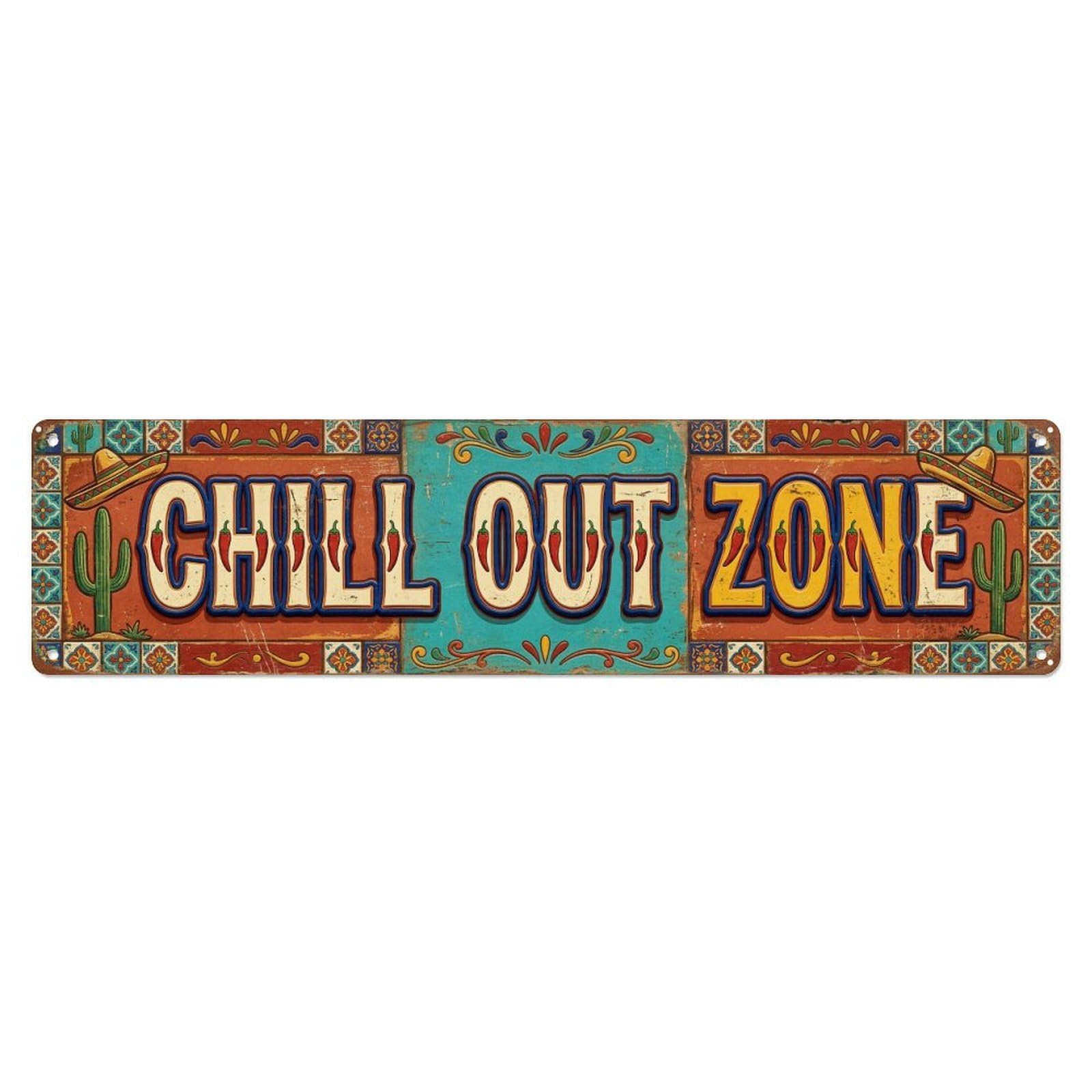 Chill Out Zone Faded Cantina Metal Tin Skinny Sign Plaque Wall Decor for Cafe, Club Bar, Office, Home Garden Metal Poster 4x16Inch