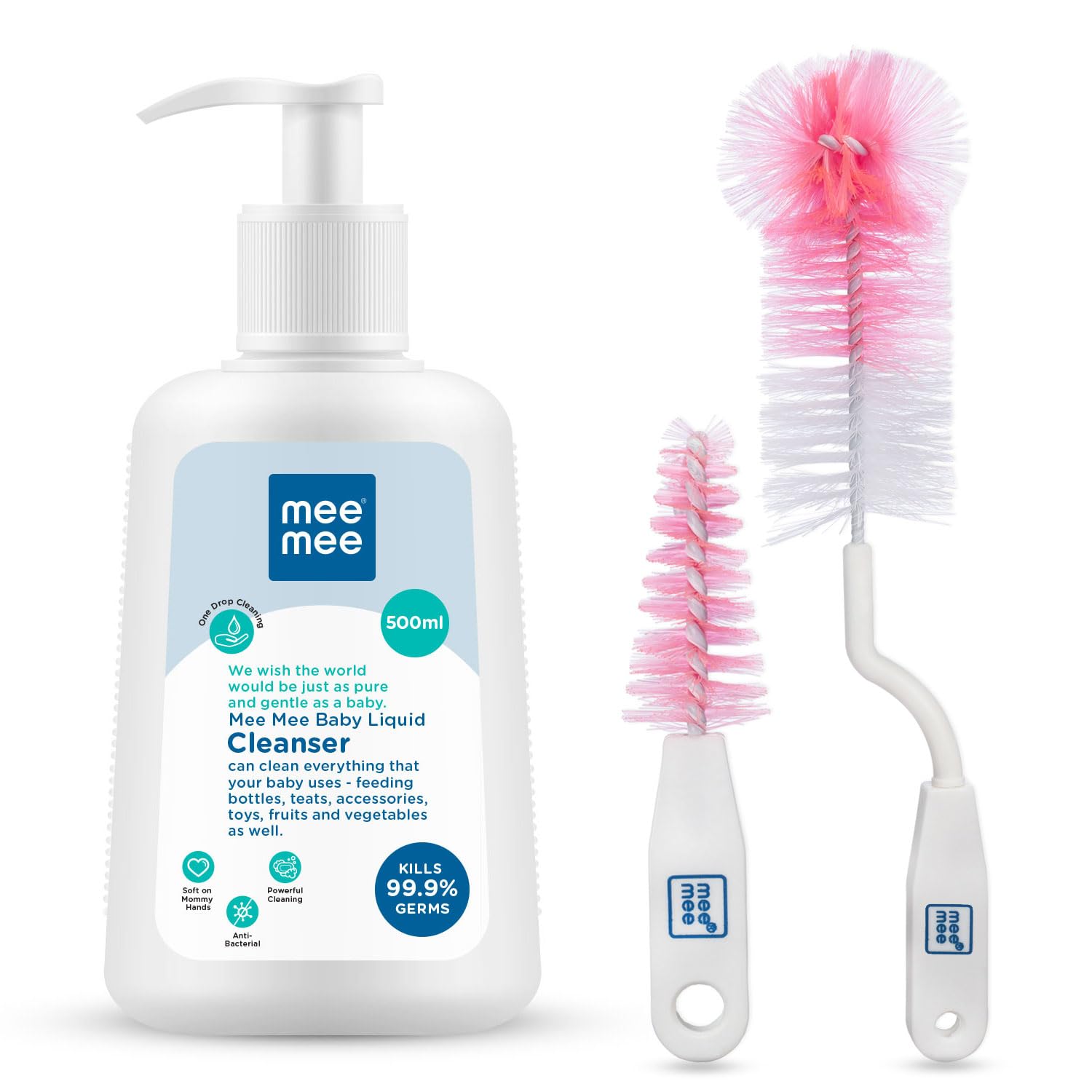 Mee Mee Anti-Bacterial Baby Liquid Cleanser (Cleanser - 500 Ml - Bottle)&Mee Mee Bottle and Nipple Cleaning Brush with 360-Degree Rotary Handle, Orange-image-42