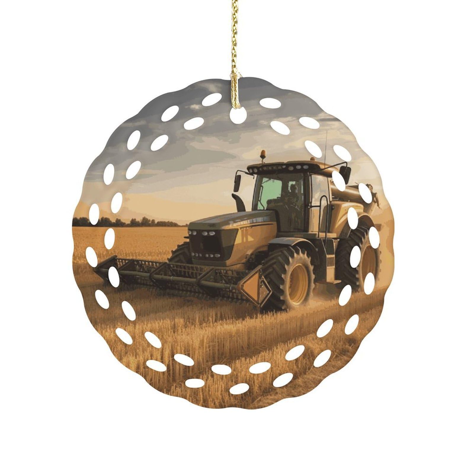 Fodpand Women's Style Farm Tractor Harvest Ceramic Ornament For Home Decor 3.2" Round Tree Decoration Christmas Ornaments For Men Double-Sided Design