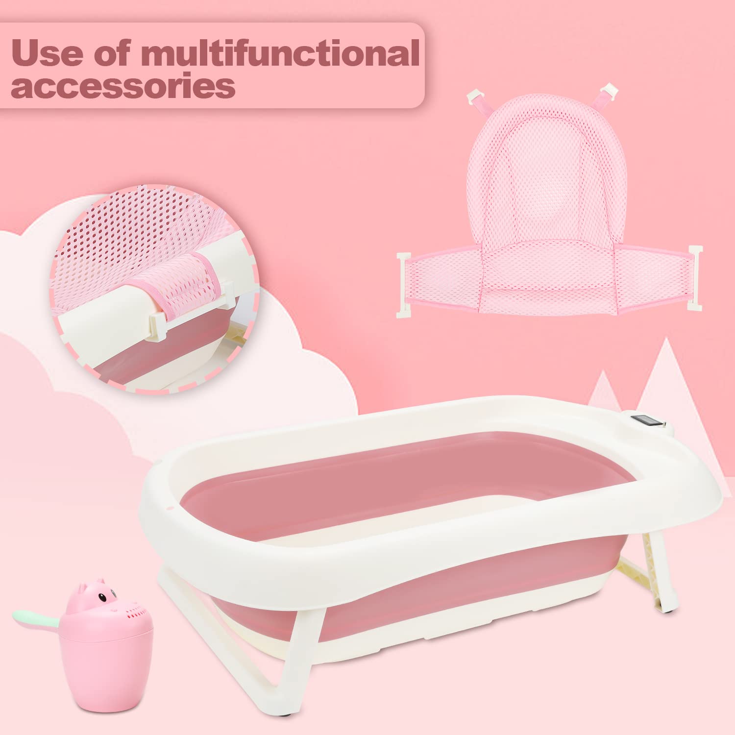 Sonnewelt Vasca da bagno per bambini, con termometro, tappetino da bagno e bicchierino per lavare i capelli, pieghevole, da 0 a 3 anni (rosa)