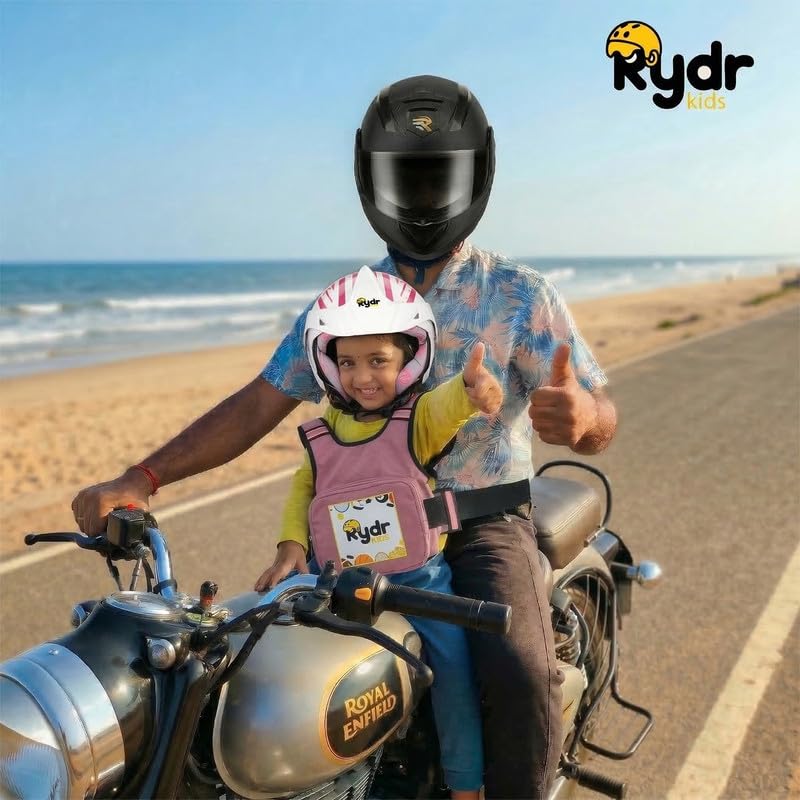 Image of RYDR Premium Motorcycle Safety Harness for Kids (2-12 Years) Adjustable Two-Wheeler Safety Belt for Child Rider with Reflective Strip & Storage Pocket (Pink, with Pocket)