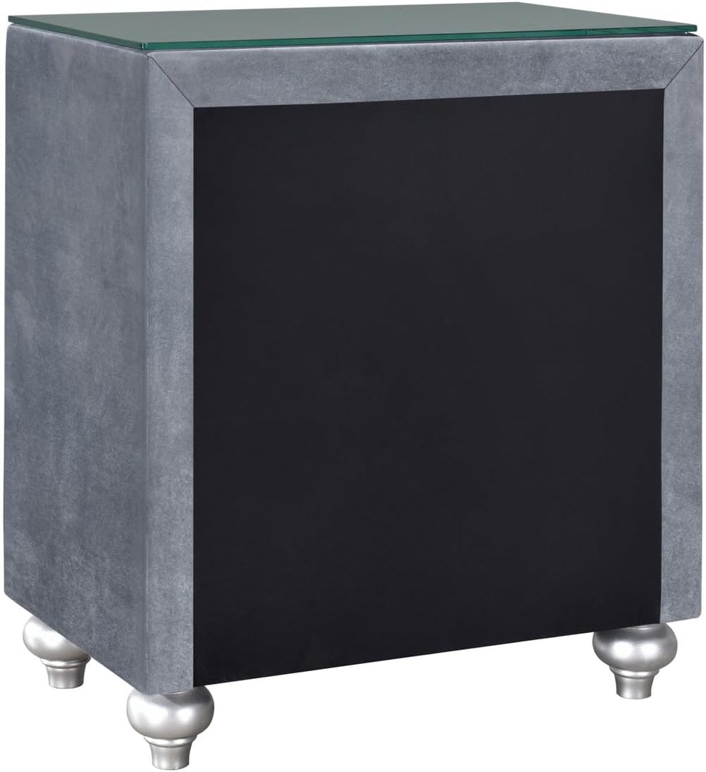 Benjara BM300868 30 in. Glass Top Crystal Knobs & Velvet Yin 3 Drawer Nightstand Gray
