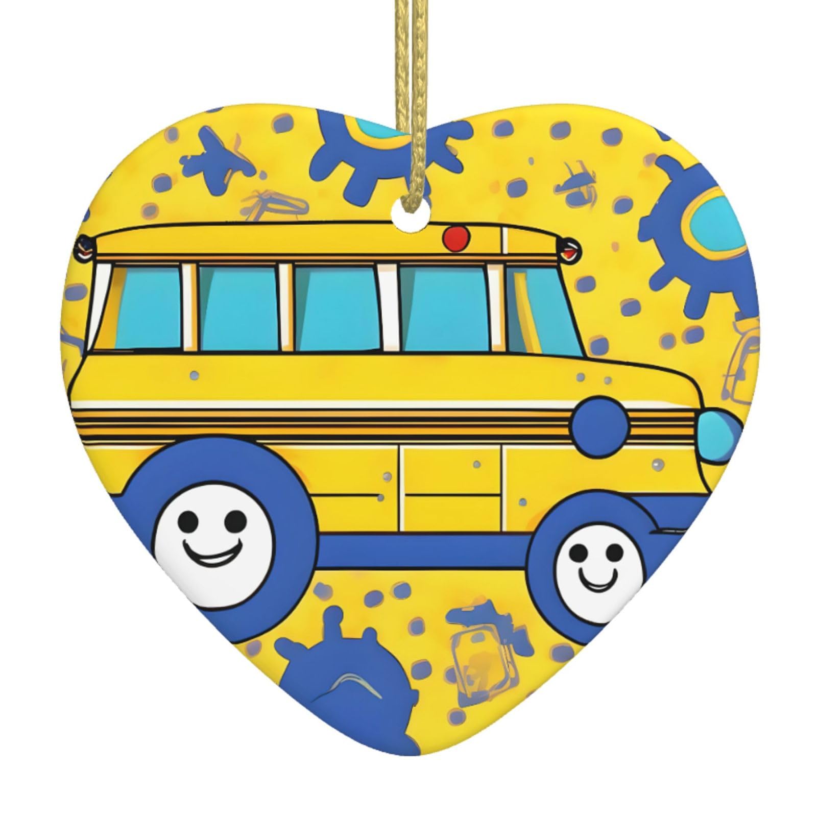 Nbtghga White School Bus Print Print Christmas Ornaments, Ceramic Hanging Ornament, Xmas Tree Decoration, Holiday Home Decor