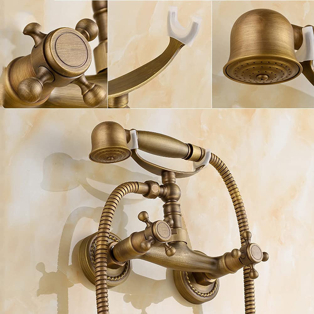 Gx Grifo Bañera con Alcachofa De Mano Dos Asas Latón Mezclador De Bañera Montaje En Pared, Incluye Soporte Y Manguera De 150 Cm, Grifo De Ducha, Antiguo