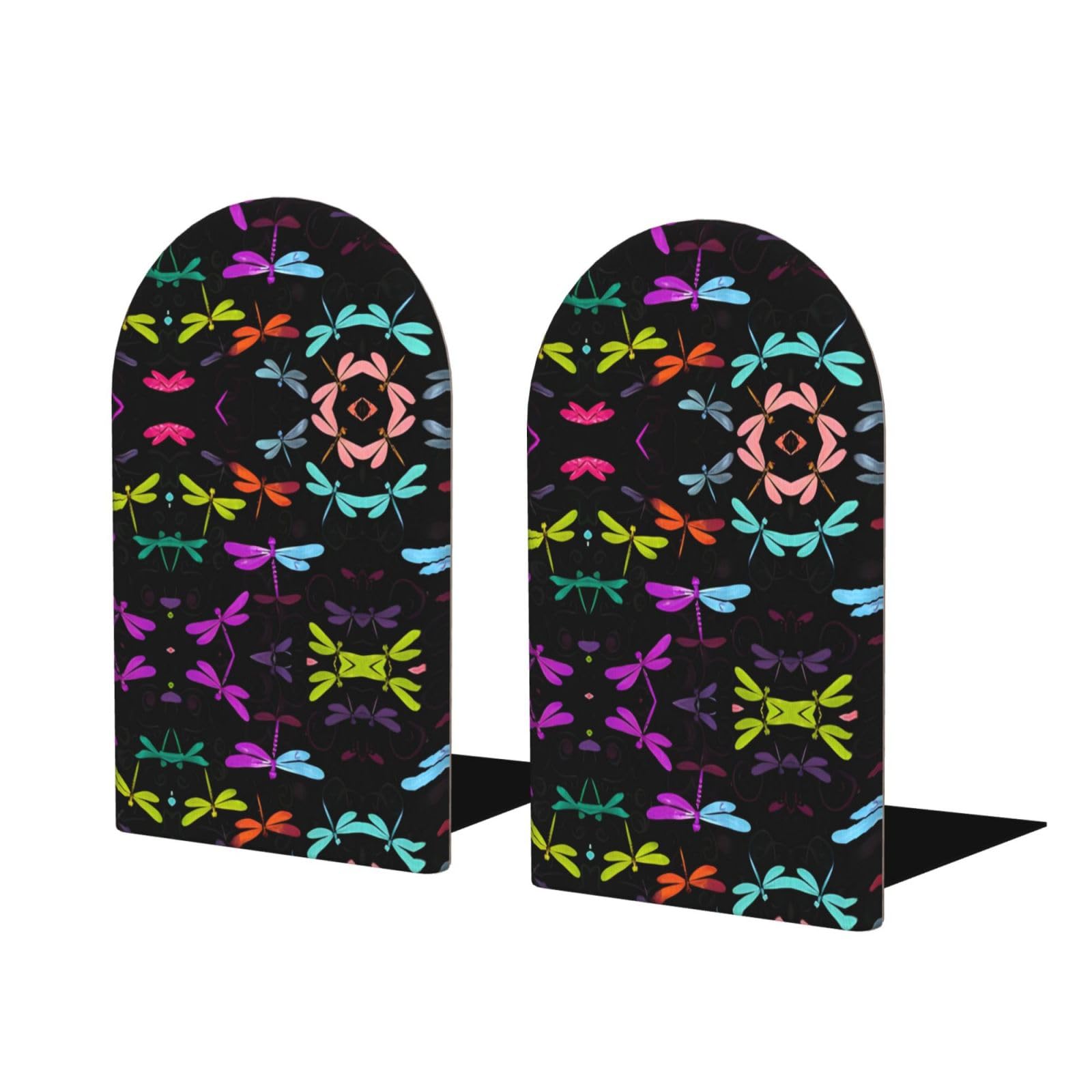 Cute Dragonfly Stylish Bookends with Full-Print Design Durable Wooden and Metal Bookend Set for Home, Office