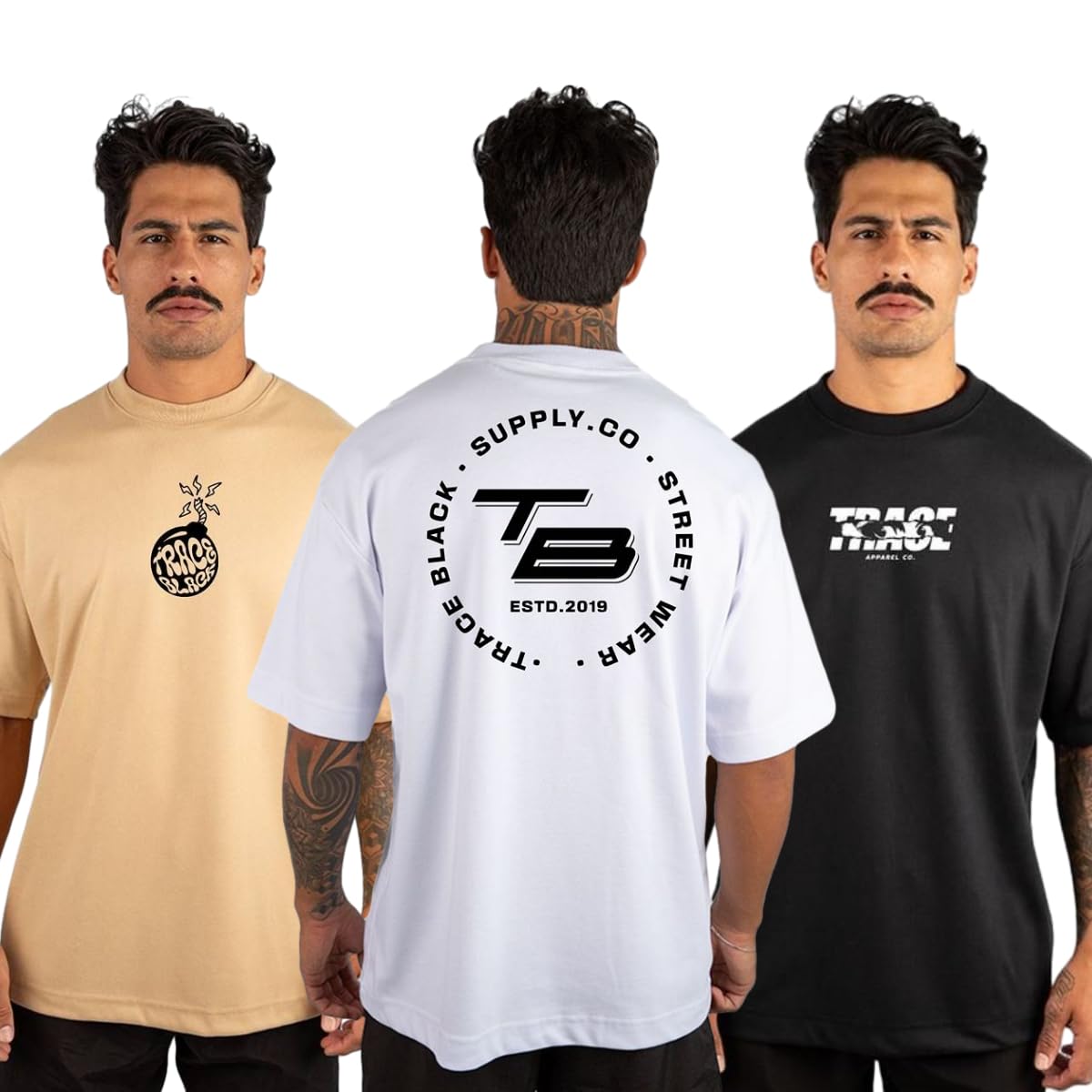 Kit 3 Camiseta Oversized Masculina Streetwear Trace Black Básica Academia 100% Algodão Premium 30.1 Penteado REF 02