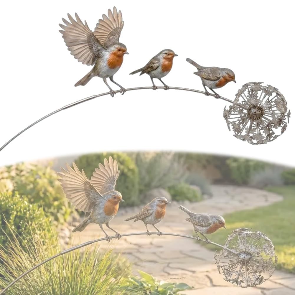 Robin Garden Stake, Kinetic Metal Bird Yard Art Ornament, Rustic Robin Bird Yard Art Decorations with Dandelion Accent, etal Robins Bird Garden Sculpture, Weather Resistant for Flower Bed Lawn Patio