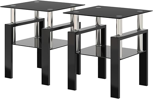 Miniatura 18 de Mesa auxiliar de cristal moderna para sofá, mesa de centro pequeña negra, mesa de sala de estar, mesita de noche cuadrada, patas de metal de vidrio