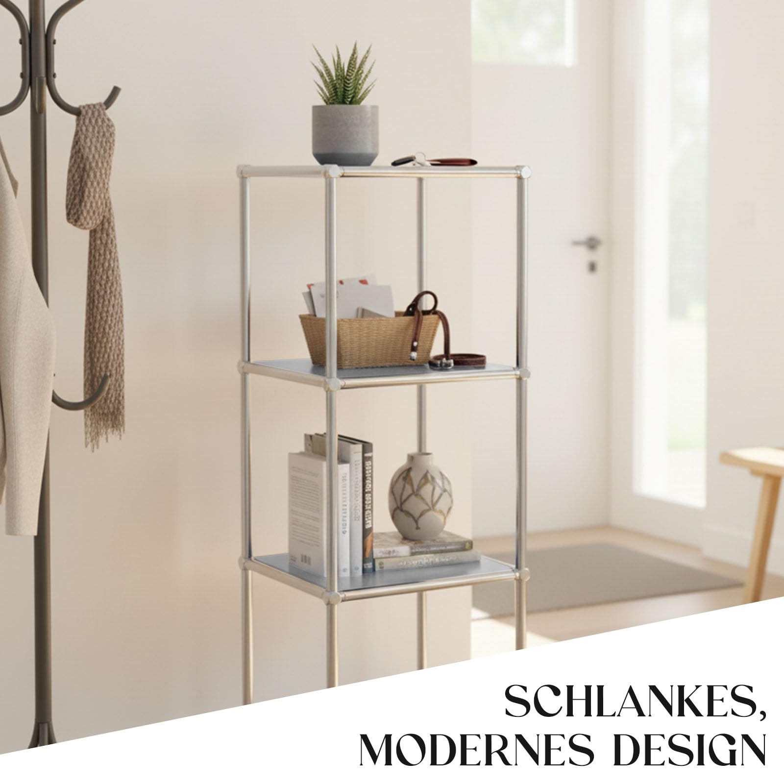 Floordirekt Concept Epure MK-005 - Estantería de metal (4 niveles, 95 x 30 x 30 cm), diseño moderno, color gris y cromado