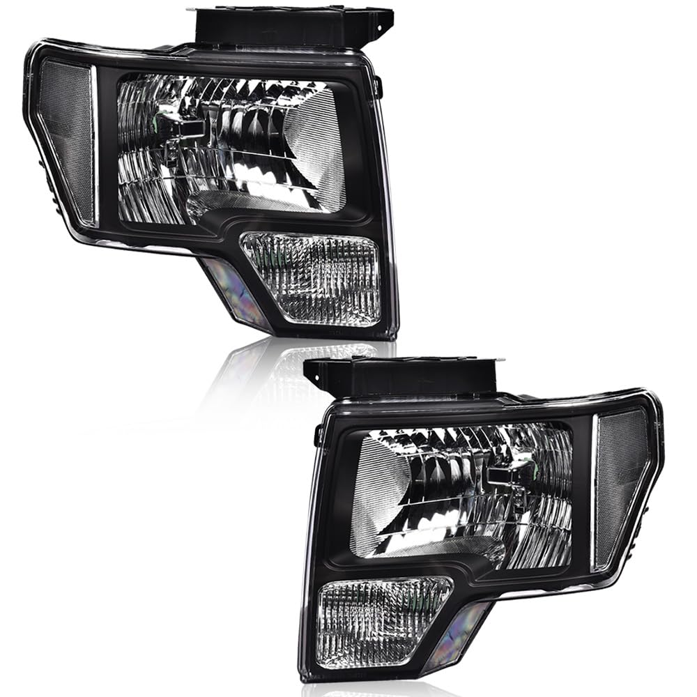 DOTCOM Headlights Assembly, Compatible with 2009-2014 Ford F150 09-14 Headlamp, Driver and Passenger Side, Clear lens Black Housing Clear Reflector(Not Fit Led Style,Only Fit Without Led Style)