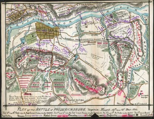 1862 Map Plan of the Battle of Fredericksburg, Virginia. Map shows the area between the Rappahannock and Massaponax rivers including Fredericksburg and Marie's Heights. The location of Confederate tro