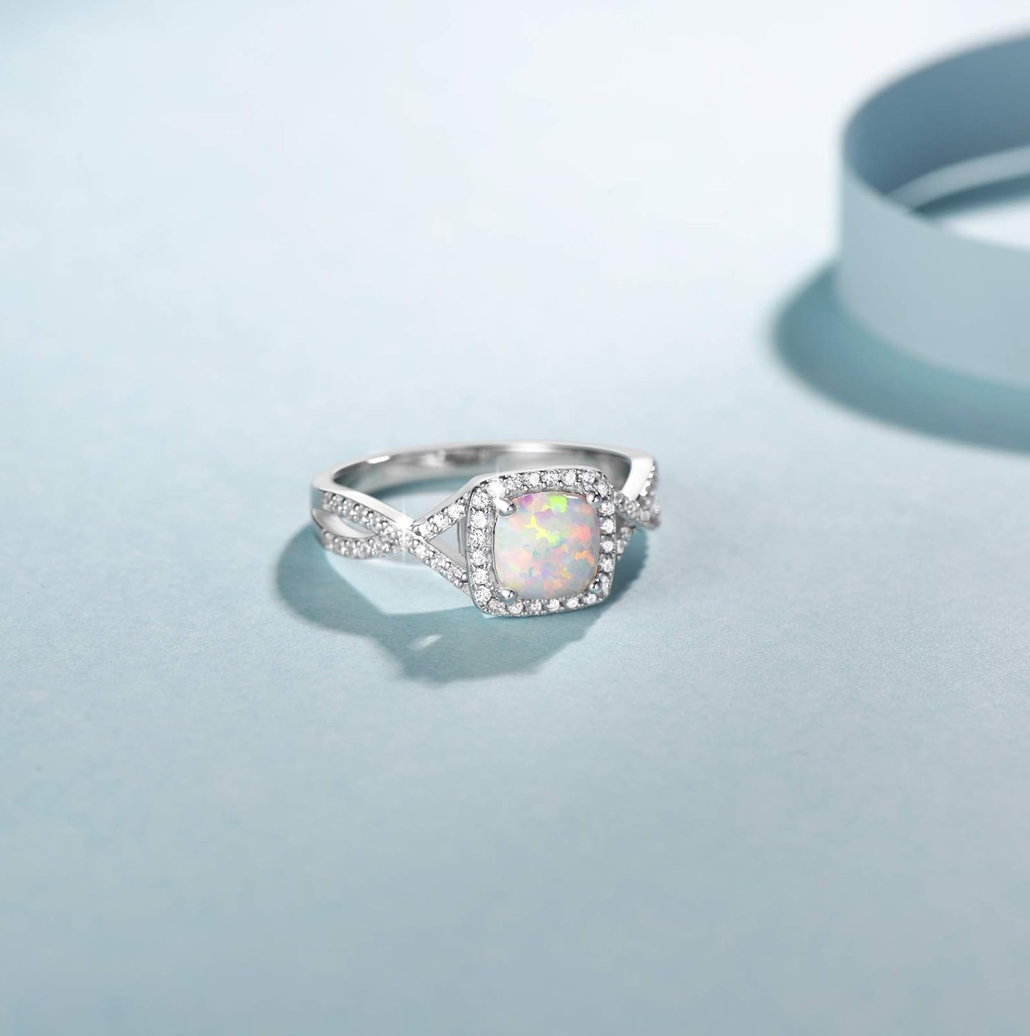 FANCIME October Birthstone Created Opal Rings Sterling Silver 4-Prong Halo White Fire Opal Cubic Zirconia Infinity Engagement Wedding Ring Fine Jewelry for Women Size 5,6,7,8,9 - Image 2