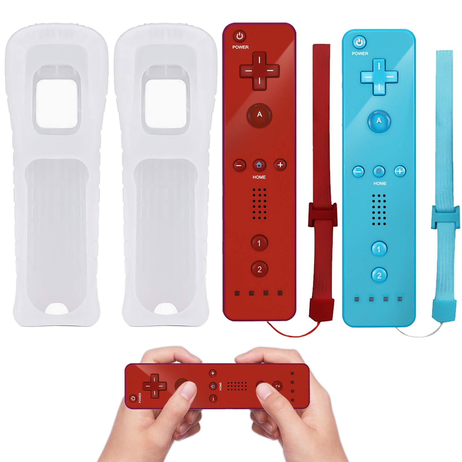 BAIFULAI Lot de 2 manettes Wii, télécommande Wii avec étui en silicone et dragonne, manette de jeu Wii, télécommande Wii pour Wii et Wii U Host (rouge + bleu clair)