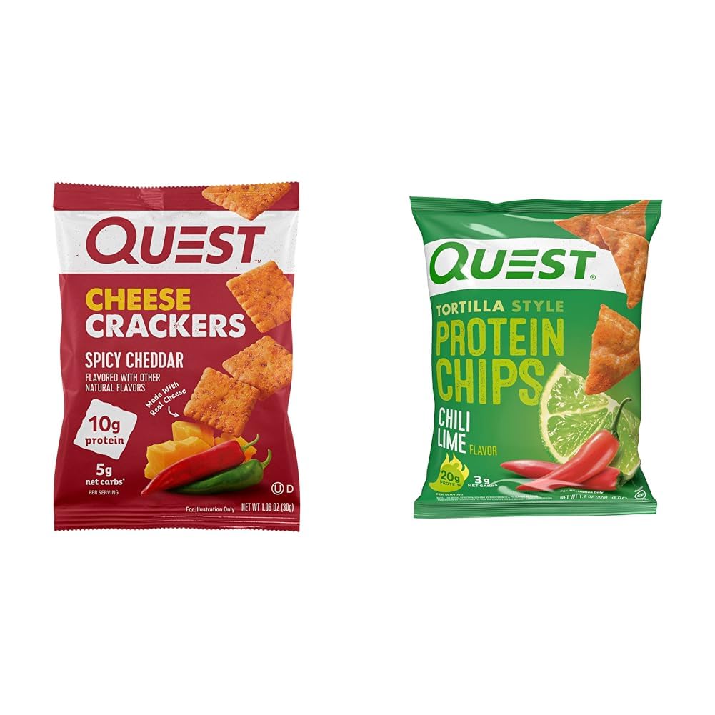 Quest Nutrition Cheese Crackers, Spicy Cheddar Blast, 10g of Protein, Low Carb, Made with Real Cheese, 12 Count (1.06 oz bags) & Tortilla Style Protein Chips, Chili Lime, Baked, 1.1 Oz, Pack of 12