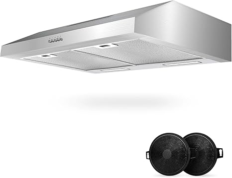 Upgraded 600 CFM Range Hood 30 inch, Under Cabinet Range Hood for Duct/Ductless Convertible, Stainless Steel Kitchen Stove Vent with 3 Speed Kitchen Exhaust Fan and Two Bright Energy-Saving LED