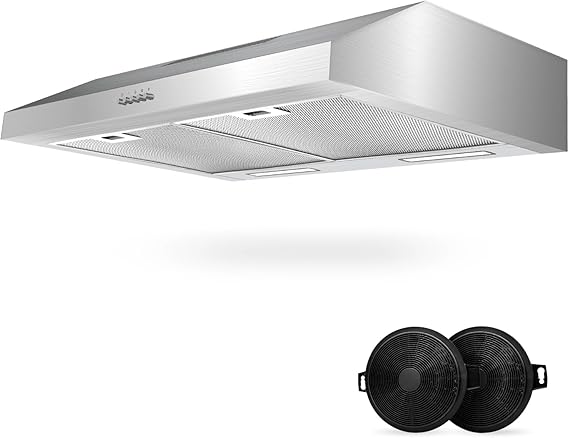 Upgraded 600 CFM Range Hood 30 inch, Under Cabinet Range Hood for Duct/Ductless Convertible, Stainless Steel Kitchen Stove Vent with 3 Speed Kitchen Exhaust Fan and Two Bright Energy-Saving LED
