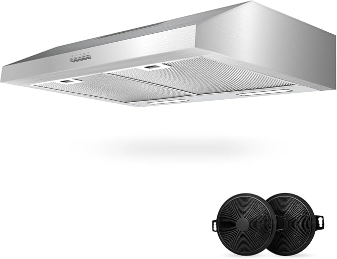 Upgraded 600 CFM Range Hood 30 inch, Under Cabinet Range Hood for Duct/Ductless Convertible, Stainless Steel Kitchen Stove Vent with 3 Speed Kitchen Exhaust Fan and Two Bright Energy-Saving LED