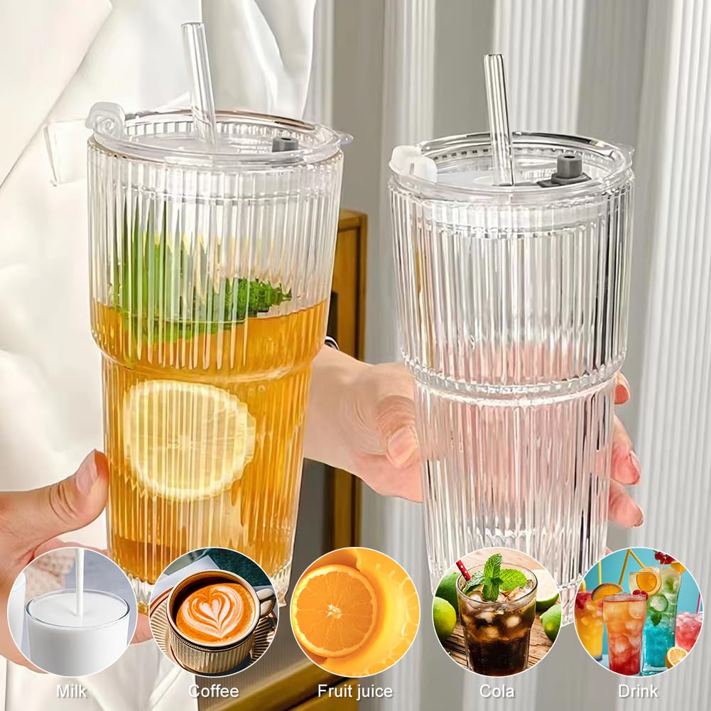 ALINK 2 stuks 600 ml transparante gestreepte glazen waterbekers met deksel, geribbelde drinkglazen, waterglazen, longdrinkglazen, ijskoffiebekers, bubble tea bekers