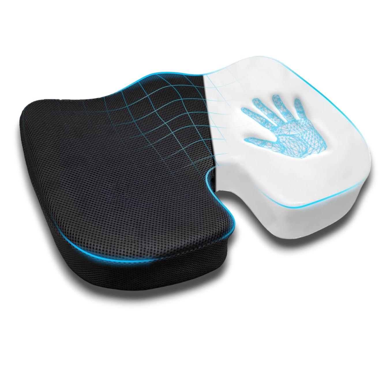 CUSHIO Coccyx Seat Cushion (High Density) Ergonomic Design for Tailbone, Sciatica, Hip Lower Back Pain Relief - Cushion for Office or Home Chairs or Wheelchairs (Upto 100KG, Mesh Black)