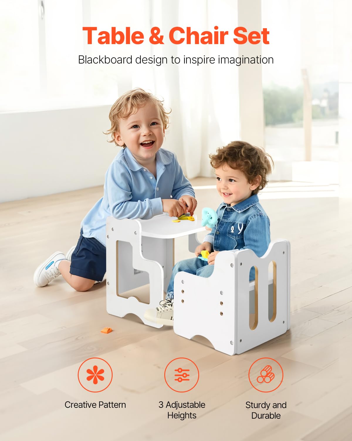 VEVOR Ensemble Table et Chaises pour Diversification Alimentaire Enfants, Mobilier pour DME en Bois avec Tableau Noir, Table de Sevrage Hauteur Réglable, pour Dessiner Lire Manger, Tout-Petits, Blanc