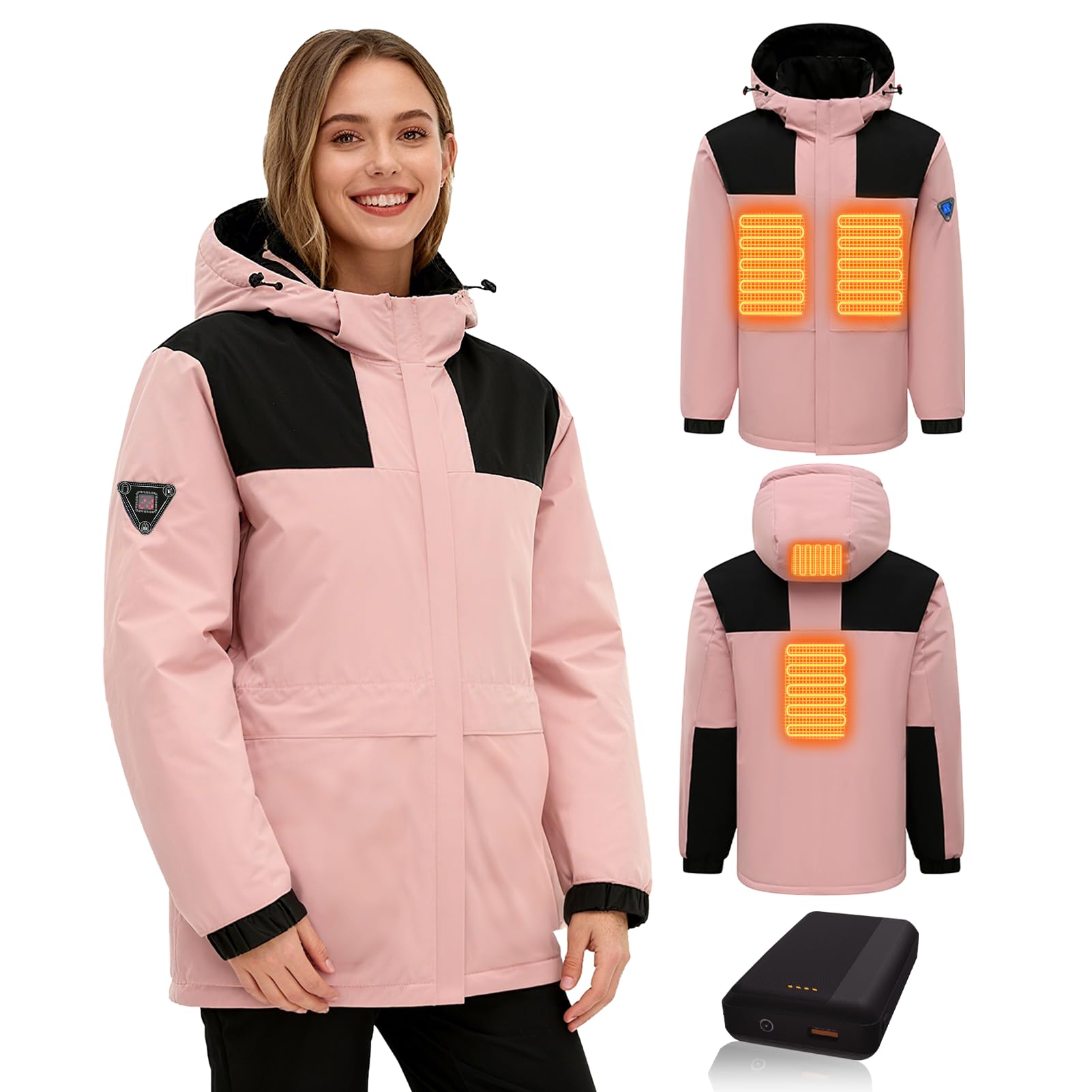 Giacca Riscaldato da Donna Impermeabile Giacca con Cappuccio con Batteria 7.4v, Softshell Calda Giacca Invernale per Moto, Pesca, attività all'aperto