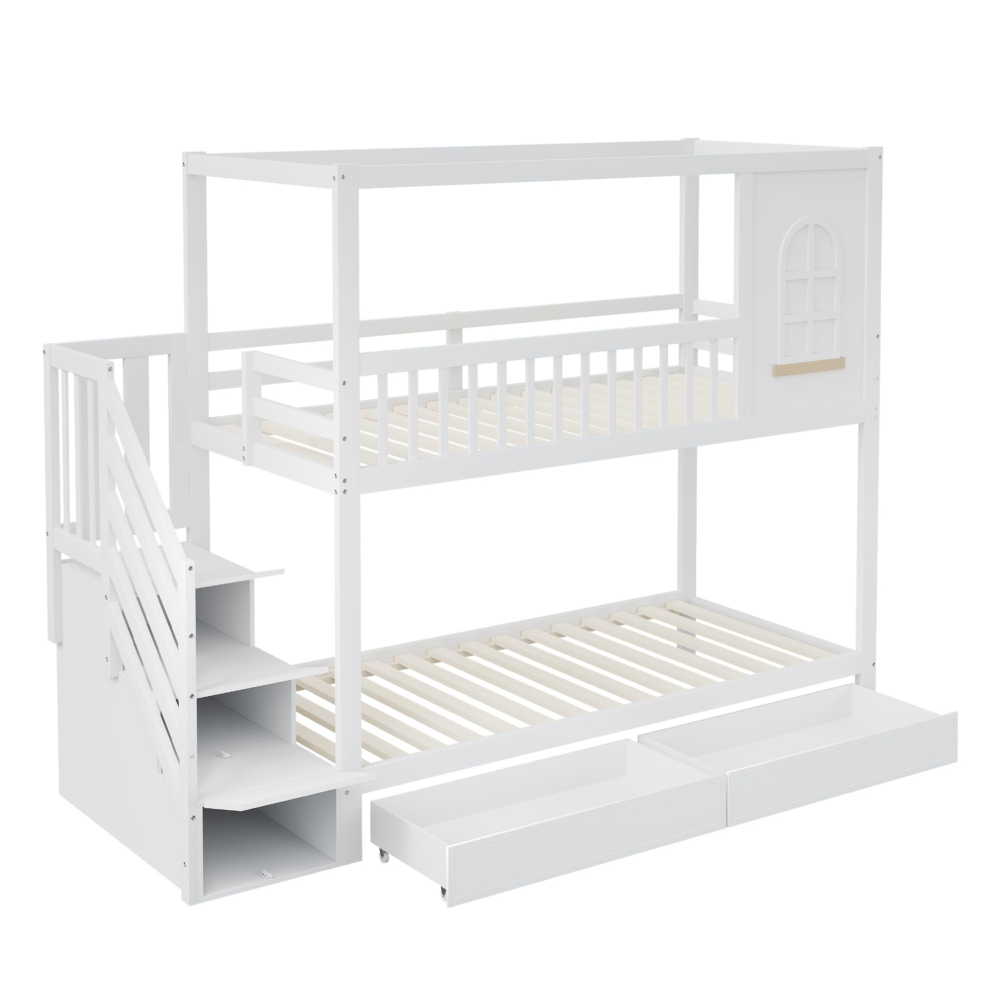 Moimhear Etagenbett Kinderbett, Massivholz Doppelbett, Hausform mit Fenstern, Sicherheitszaun-Design, Mit Aufbewahrungsschubladen und Sicherheitsleiter (Weiß, 90x200cm)