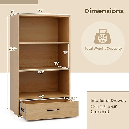 Miniatura 3 de Estantería de 3 estantes con cajón, estantes de madera y estuches para libros, estante de almacenamiento en cubo, estantería pequeña para espacios