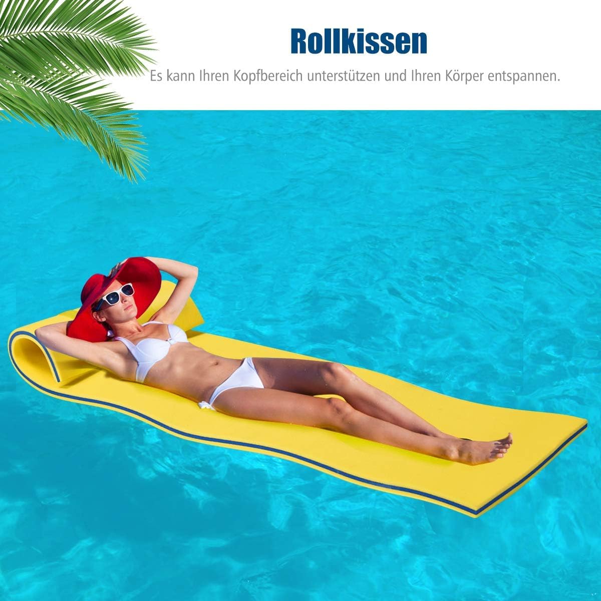 FANTASK Schwimmmatte 210 x 66 cm, schwimmende Wassermatte bis 60 kg belastbar, schwimmender Matte aus reißfestem XPE-Schaumstoff, Gelb