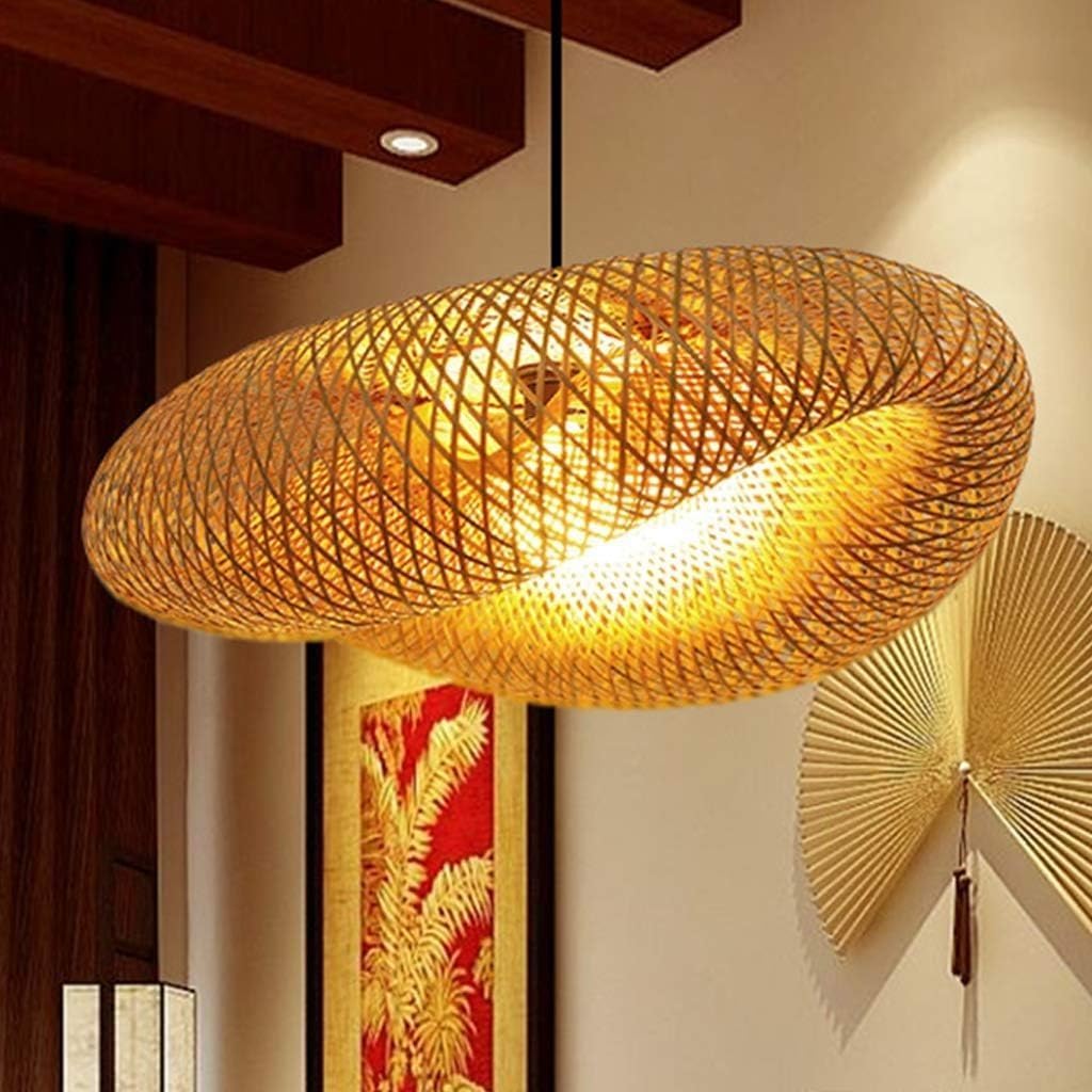 SYAXVOM Pendant Light E27 Wood Vintage Bamboo Lantern Ceiling 80cm Hand-Woven Rattan Lampshade Lamp Retro Round Chandelier 50cm Restaurant Corridor Living Room Bar Coffee,80CM