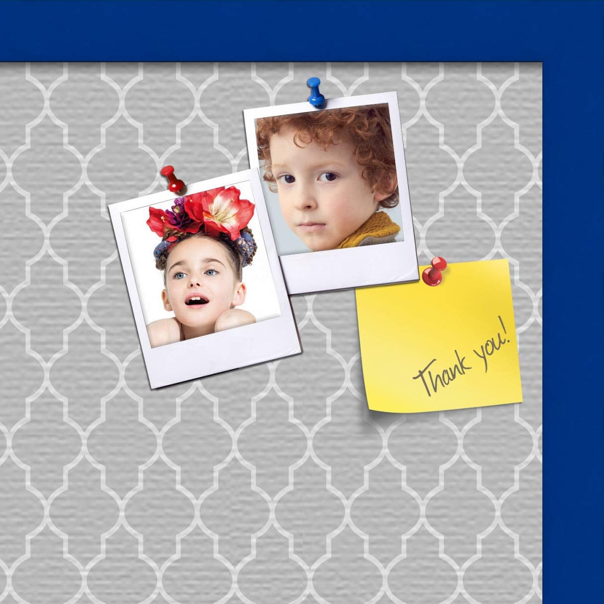 ArtToFrames 18x12 Custom Cork Bulletin Board. This Quatrefoil Light Grey Pin Board Has a Fabric Style Canvas Finish, Framed in Blue Stain on Beech (PinPix-582-18x12_0066-81792-YBLU)