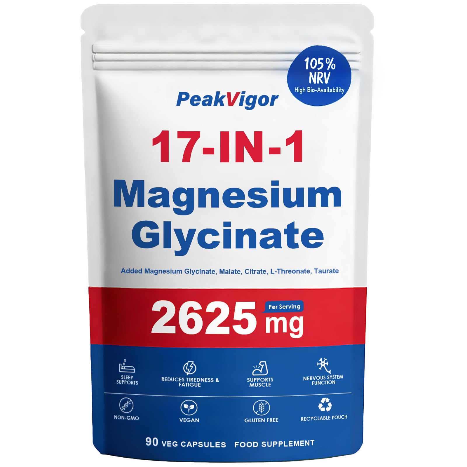 Magnesium Glycinate for Sleep 2625mg, 17-in-1 Complex Supplements as 800mg Glycinate, L-Threonate, Taurate, Citrate, Malate, High Absorption, Ease Swallow, High Strength, 105% DI, 90 Capsules