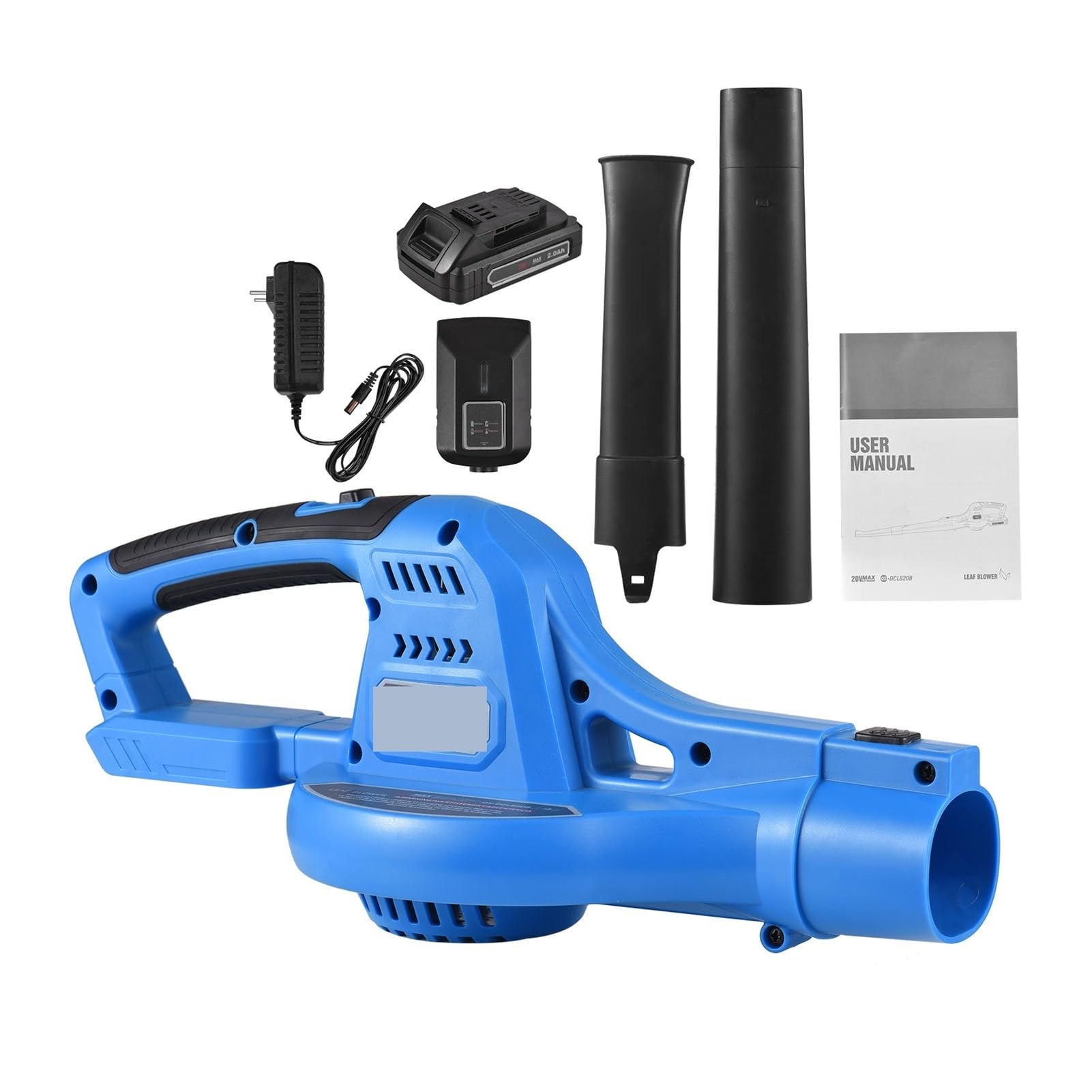 Soplador de hojas eléctrico inalámbrico 20 V, control 2 velocidades, barredora mano portátil 60 MPH/130 MPH con tubos extensión, batería,0 Ah Altamente Eficiente